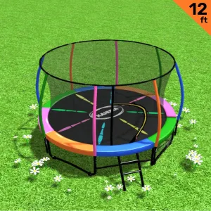 12ft Trampoline with Free Ladder, Spring Mat, Net, Safety Pad Cover, and Round Enclosure - Rainbow
