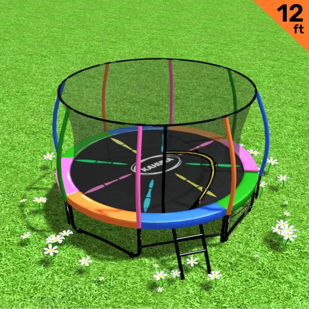 12ft Trampoline with Free Ladder, Spring Mat, Net, Safety Pad Cover, and Round Enclosure - Rainbow
