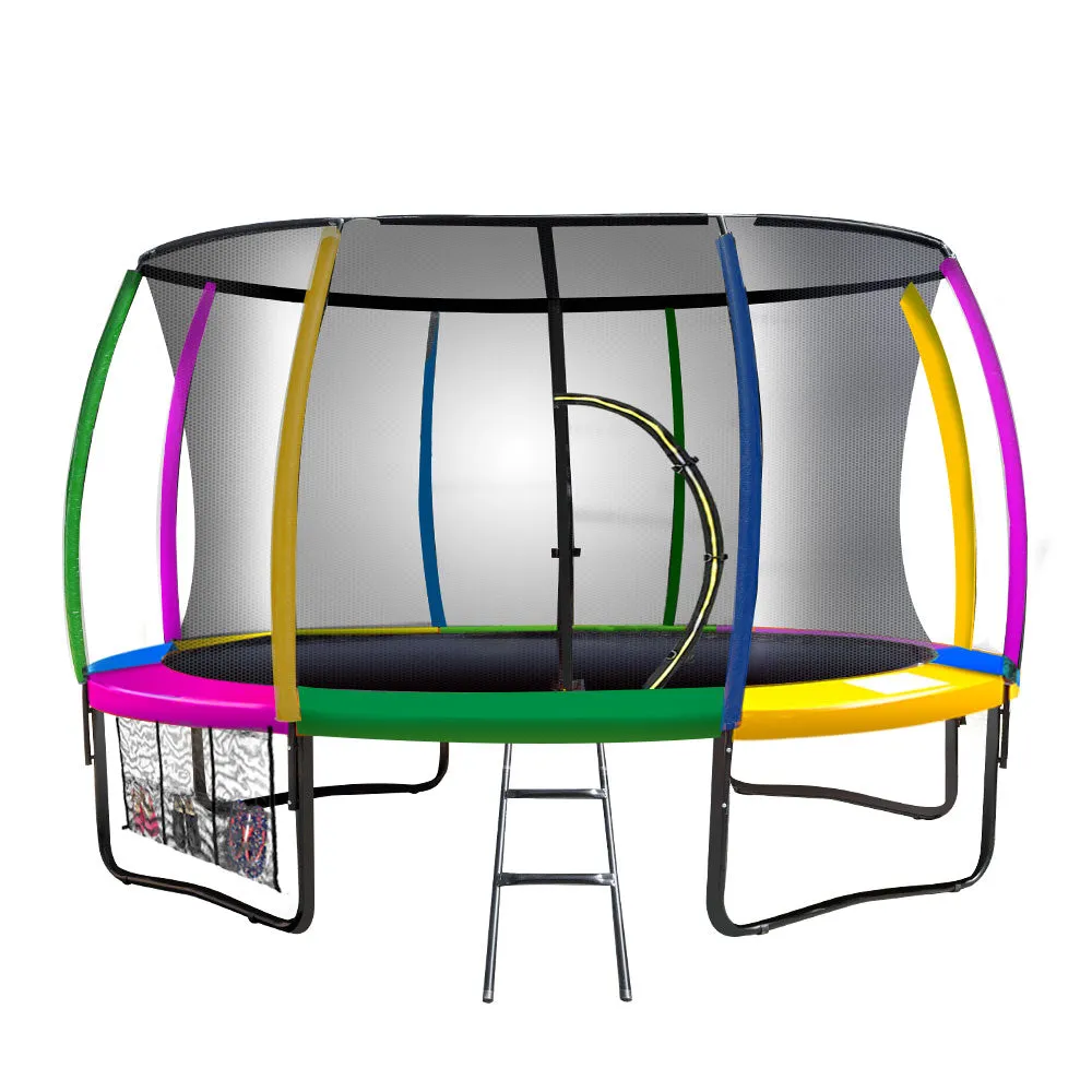 12ft Trampoline with Free Ladder, Spring Mat, Net, Safety Pad Cover, and Round Enclosure - Rainbow