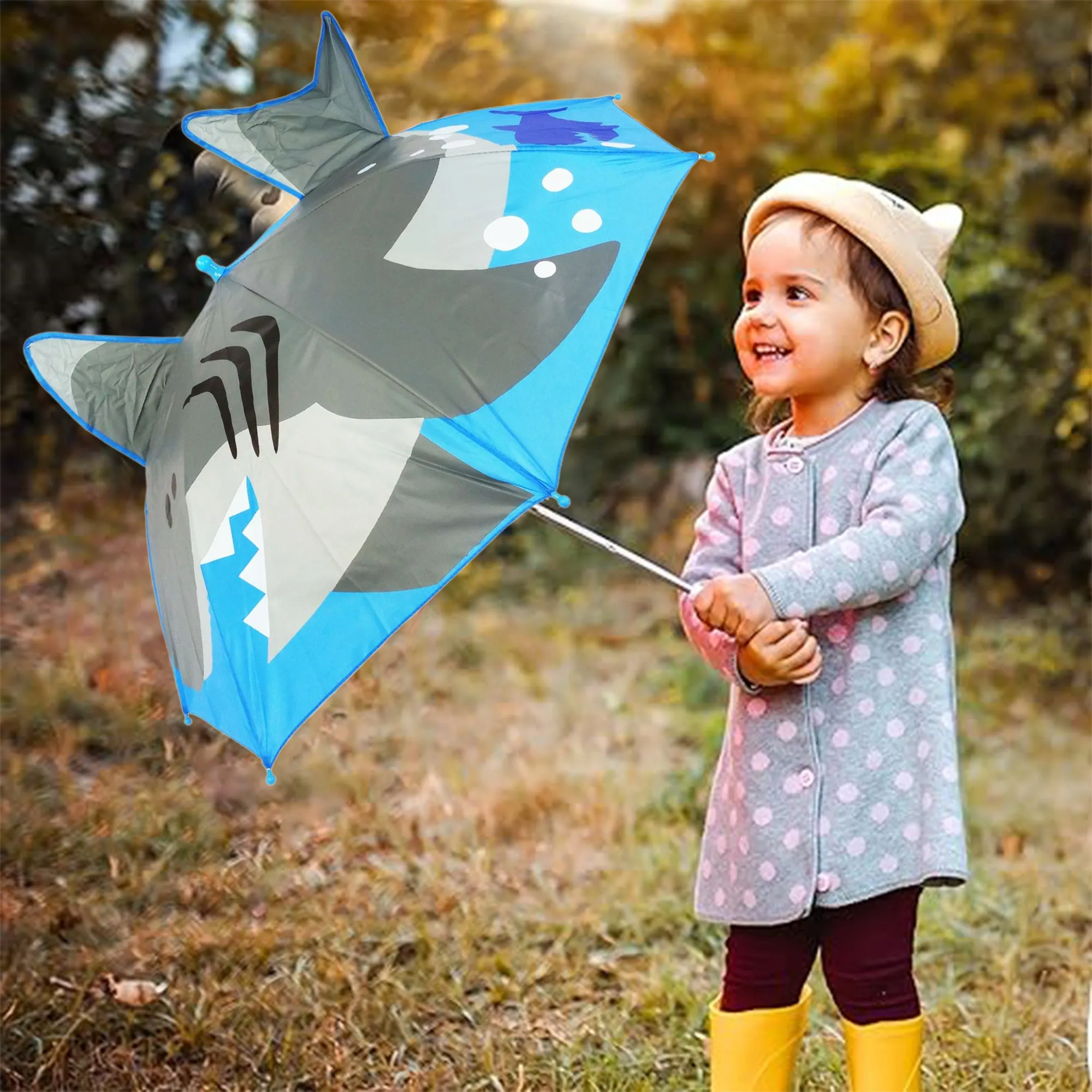 Babymoon Shark Designer Popup Ears Kids Umbrella | 2 To 15 Y | Grey