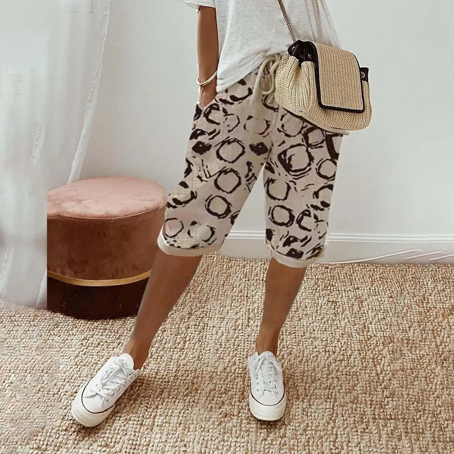 Linen Pants Women Drawstring Summer Loose Womens Capris Cotton Cargo Capri Pants for Women Stretch Petite Short