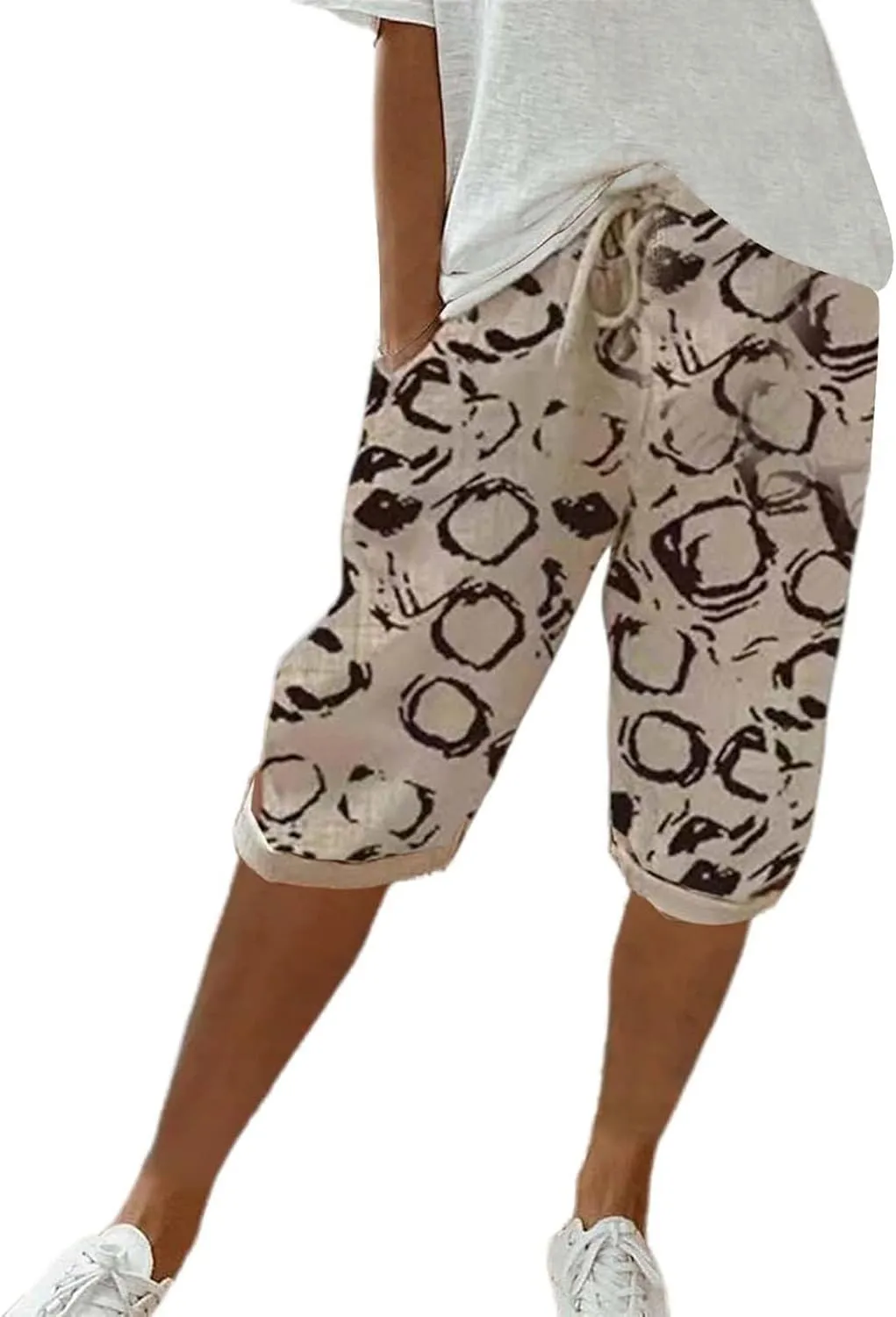 Linen Pants Women Drawstring Summer Loose Womens Capris Cotton Cargo Capri Pants for Women Stretch Petite Short
