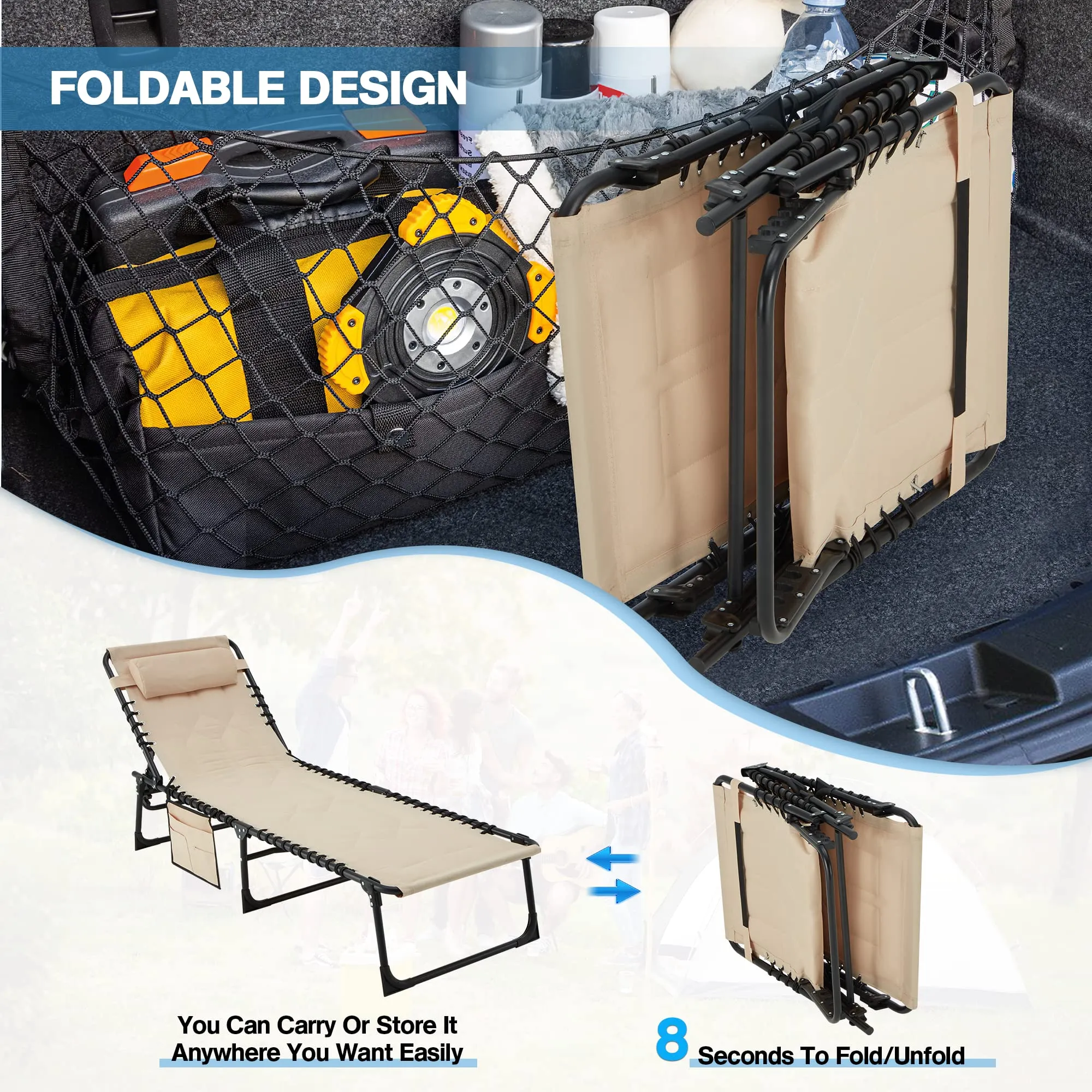 Patio Chaise Lounge Chair, Folding Recliner Adjustable Lounge Chair with Detachable Pocket and Pillow, Lightweight Pool Lounge Chairs for Outdoor Beach Lawn and Sunbathing（Khaki）