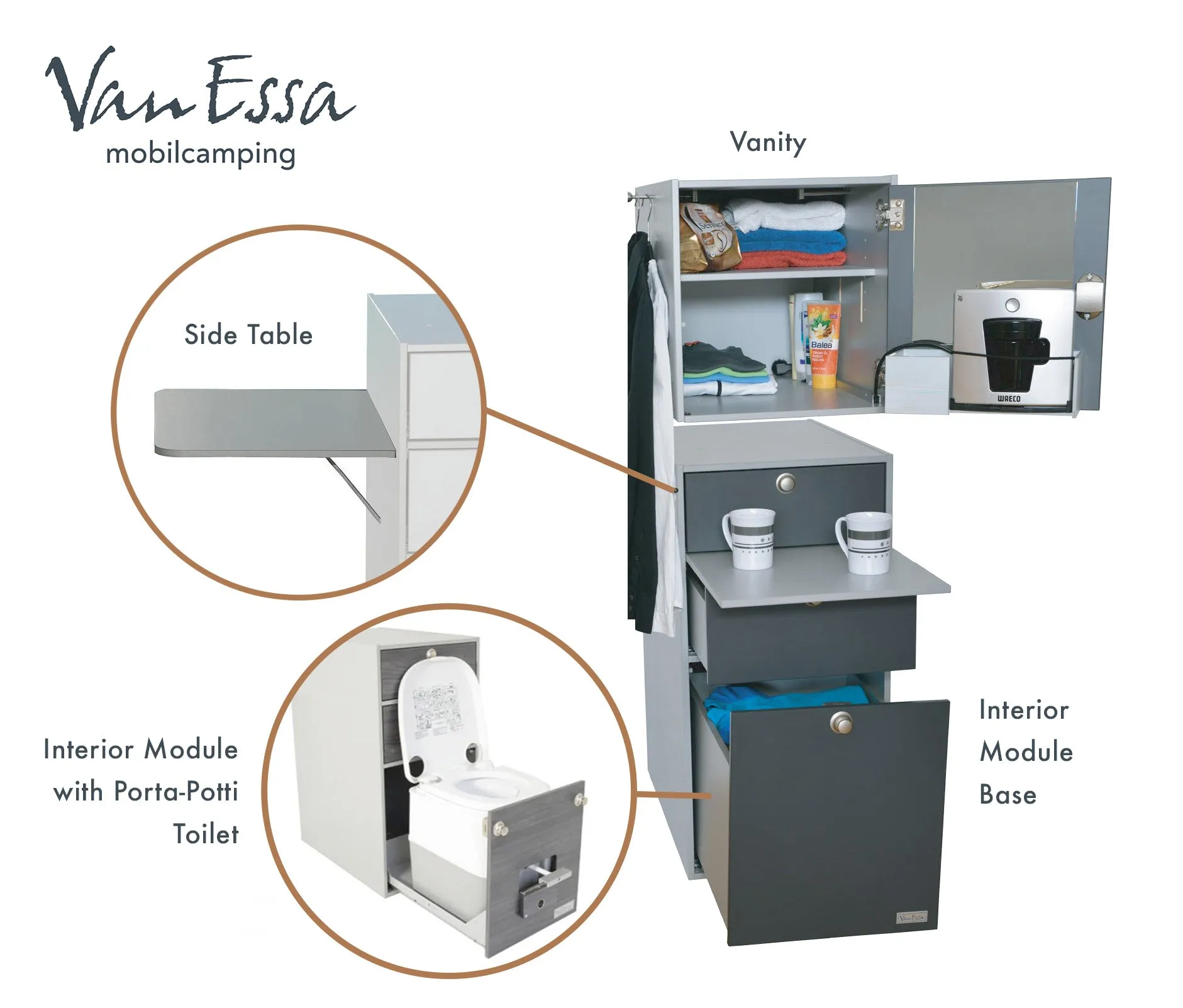 VanEssa Interior Storage Tower with  Porta-Potti Toilet for Volkswagen T5/T6/6.1 California / Multivan / Transporter