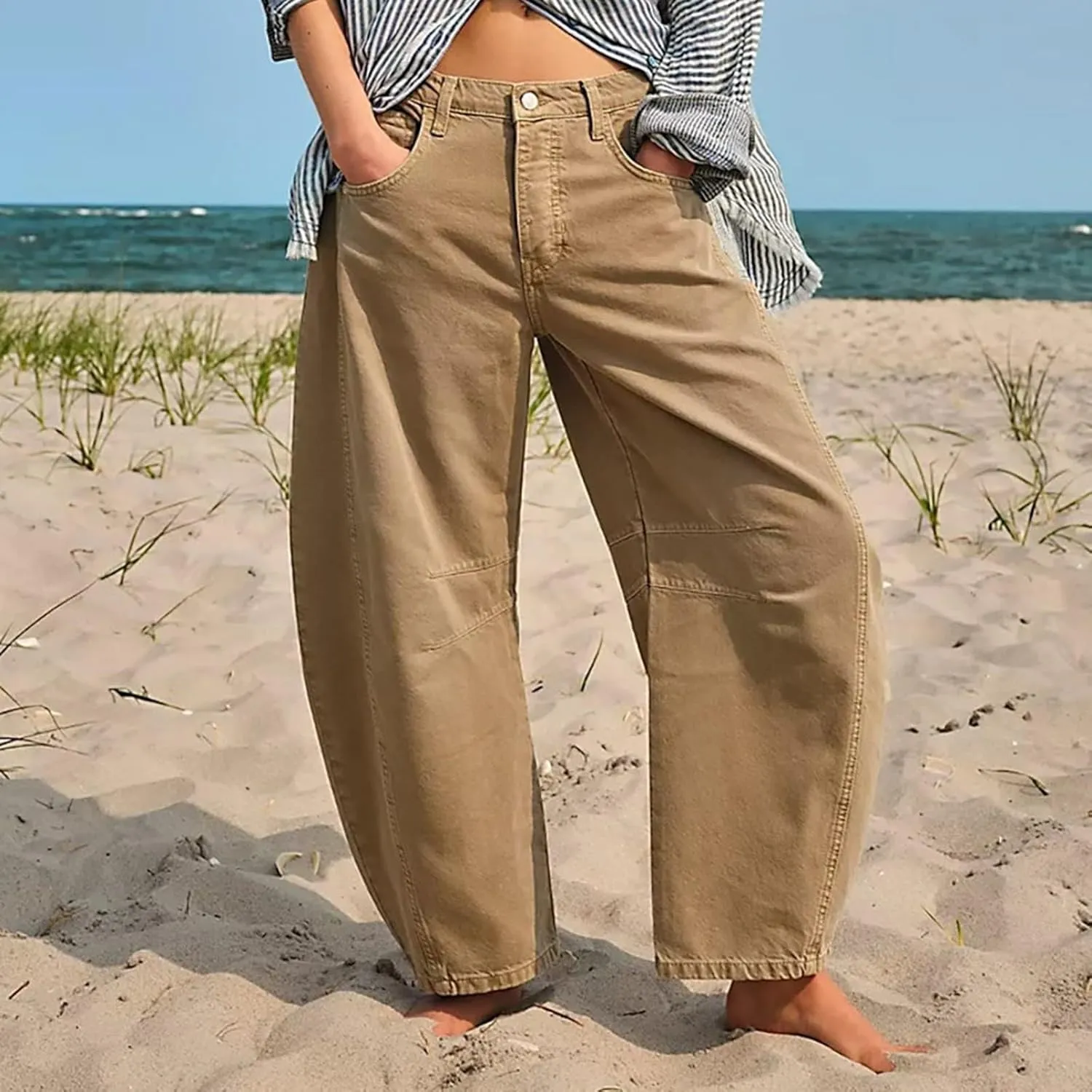 Women's Linen Summer Breathable Pant Trousers Elastic Waisted Wide Leg Slim-Fit Pants Business Work