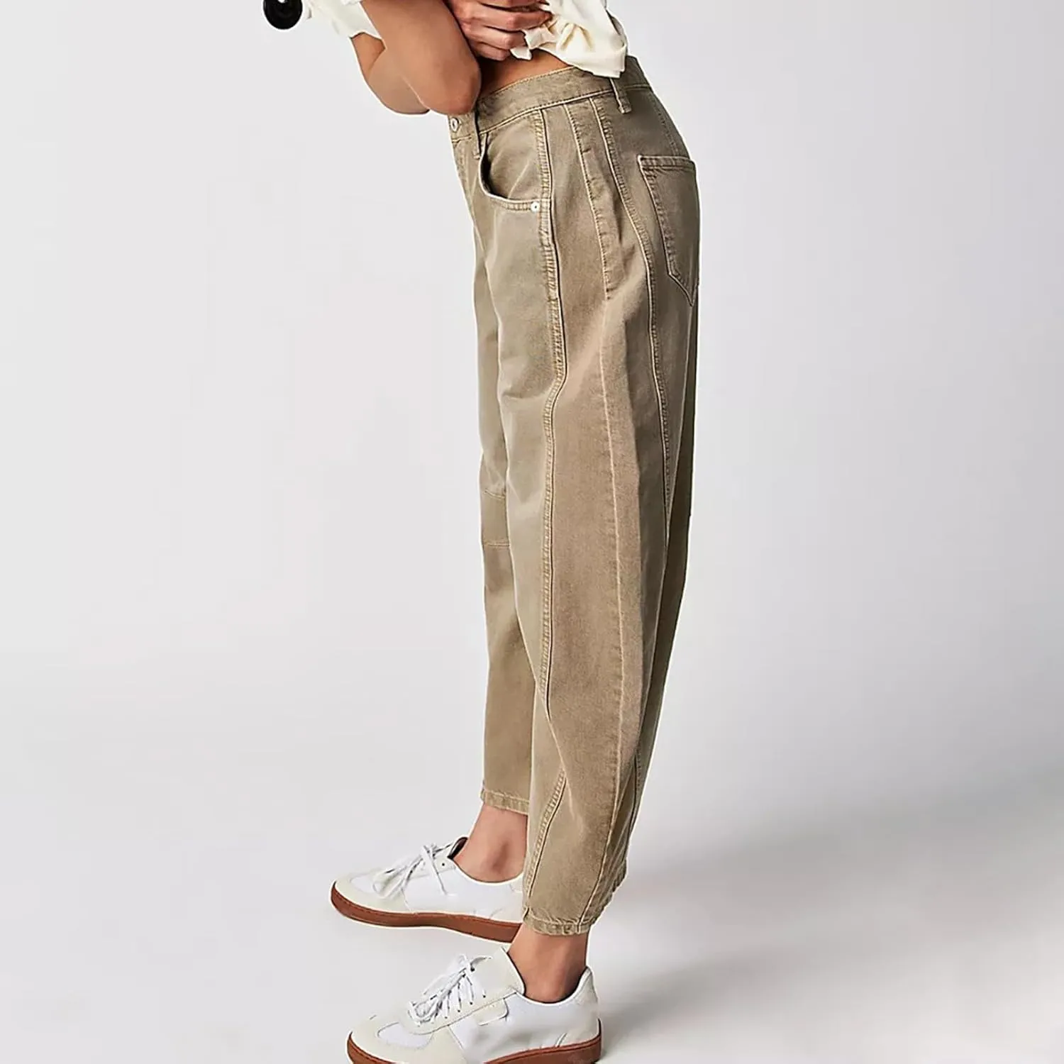 Women's Linen Summer Breathable Pant Trousers Elastic Waisted Wide Leg Slim-Fit Pants Business Work