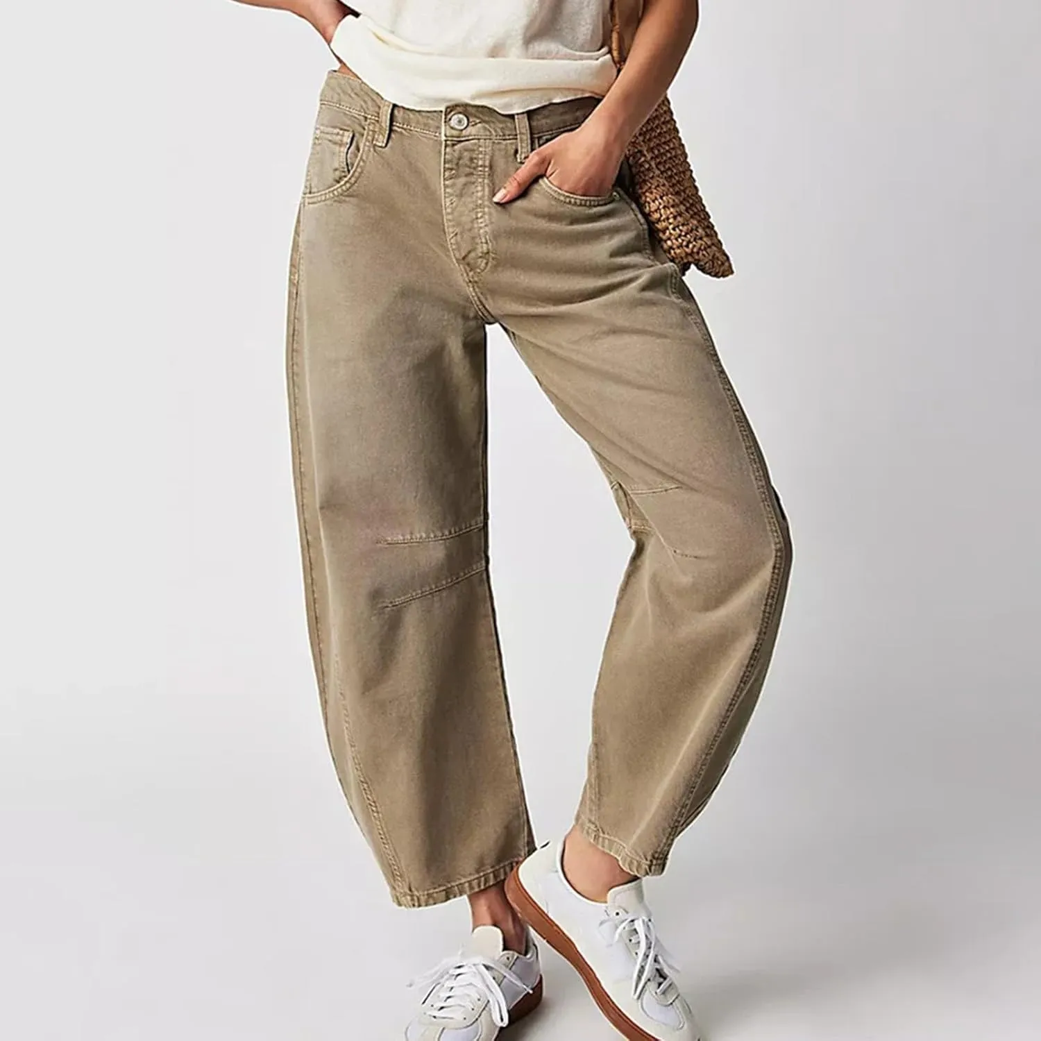 Women's Linen Summer Breathable Pant Trousers Elastic Waisted Wide Leg Slim-Fit Pants Business Work